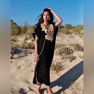 NWT Authentic ‎Moroccan Gold-Embroidered Caftan Swim Cover Kimono Long Dress OS